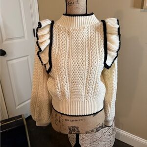 Lizard Thicket, Cream & Black Ruffle Sweater, Size Small